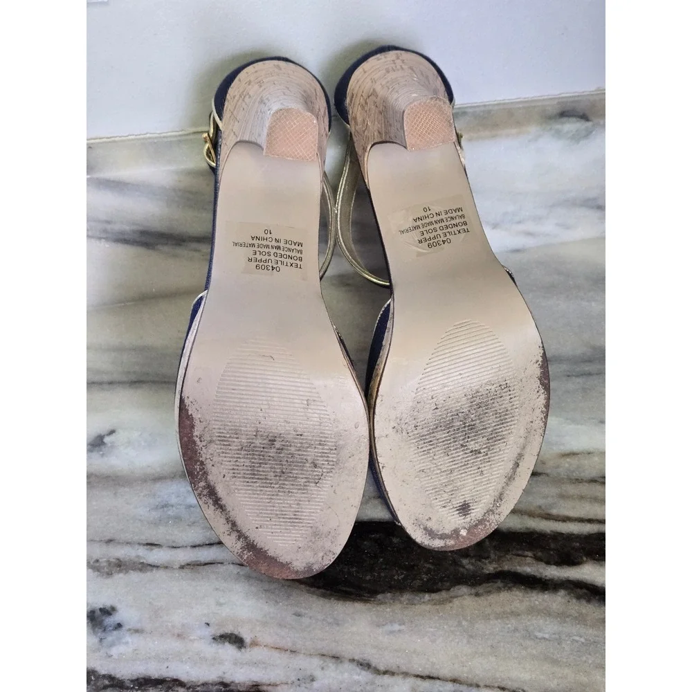Newport News Denim Cork Platform Peep Toe Heels Dark Wash Gold‎ 10